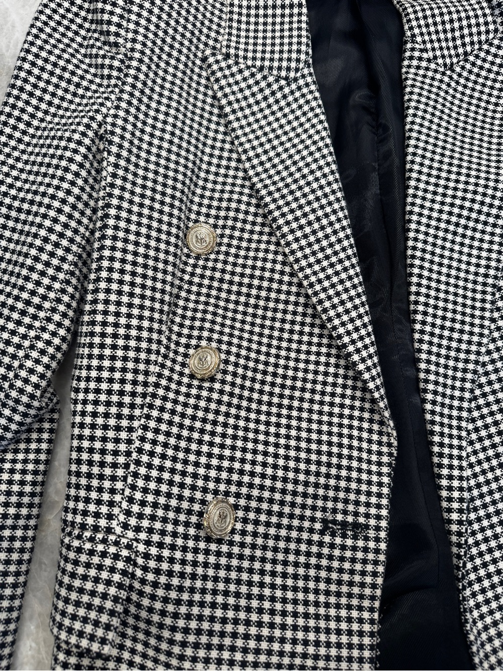 Zara Black & White Houndstooth Double Breasted Blazer Gold Button Jacket - Picture 2 of 6